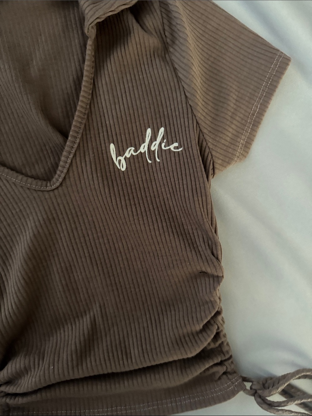 Brown Ribbed Drawstring V-Neck Women's Top - Picture 4 of 4